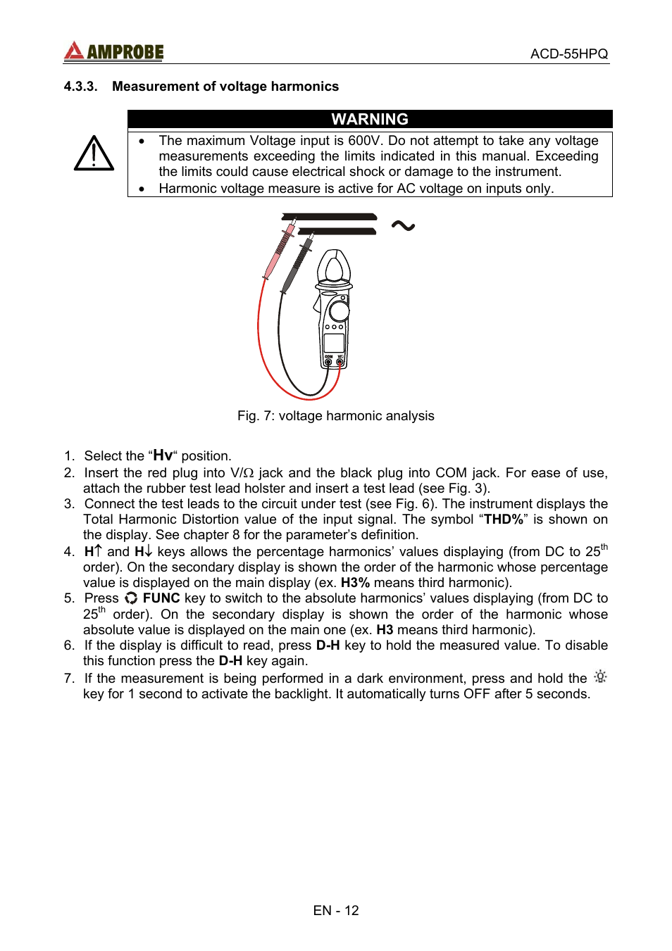 Measurement of voltage harmonics, Warning | Amprobe ACD-55HPQ Clamp-Meter User Manual | Page 16 / 62