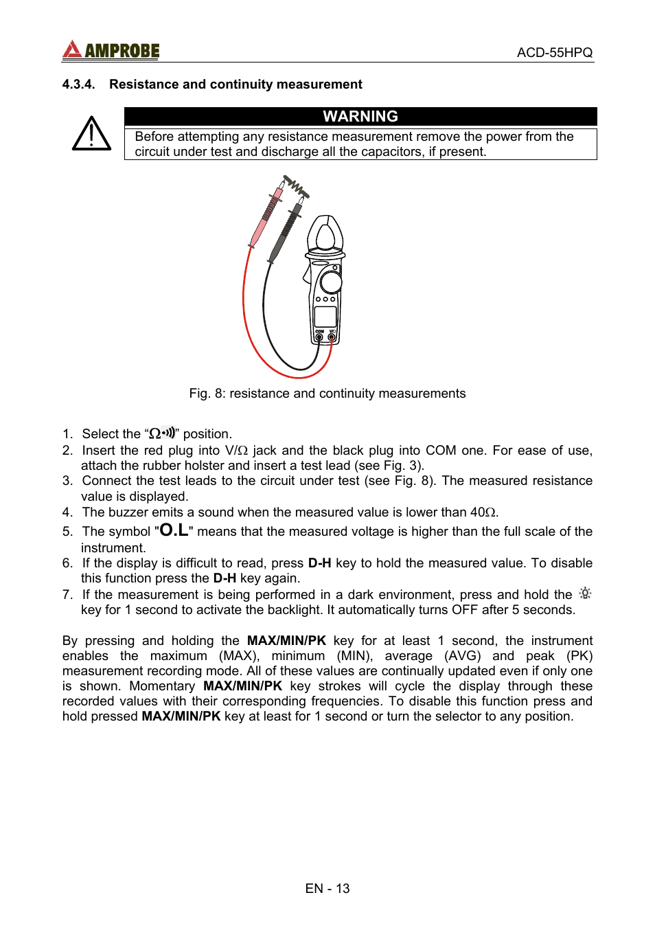 Resistance and continuity measurement | Amprobe ACD-55HPQ Clamp-Meter User Manual | Page 17 / 62