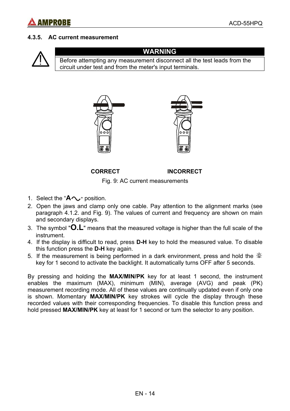 Ac current measurement, Correct, Incorrect | Amprobe ACD-55HPQ Clamp-Meter User Manual | Page 18 / 62