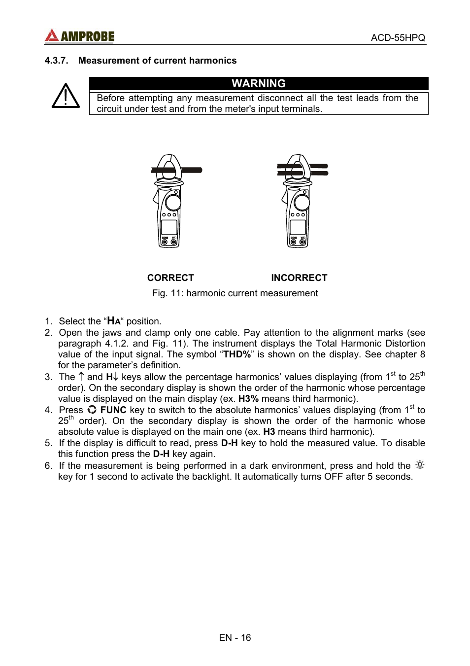 Measurement of current harmonics, Correct, Incorrect | Warning | Amprobe ACD-55HPQ Clamp-Meter User Manual | Page 20 / 62