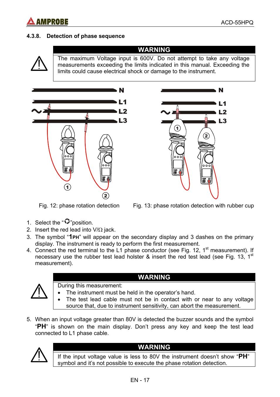 Detection of phase sequence, Warning, L1 l2 l3 n | Amprobe ACD-55HPQ Clamp-Meter User Manual | Page 21 / 62