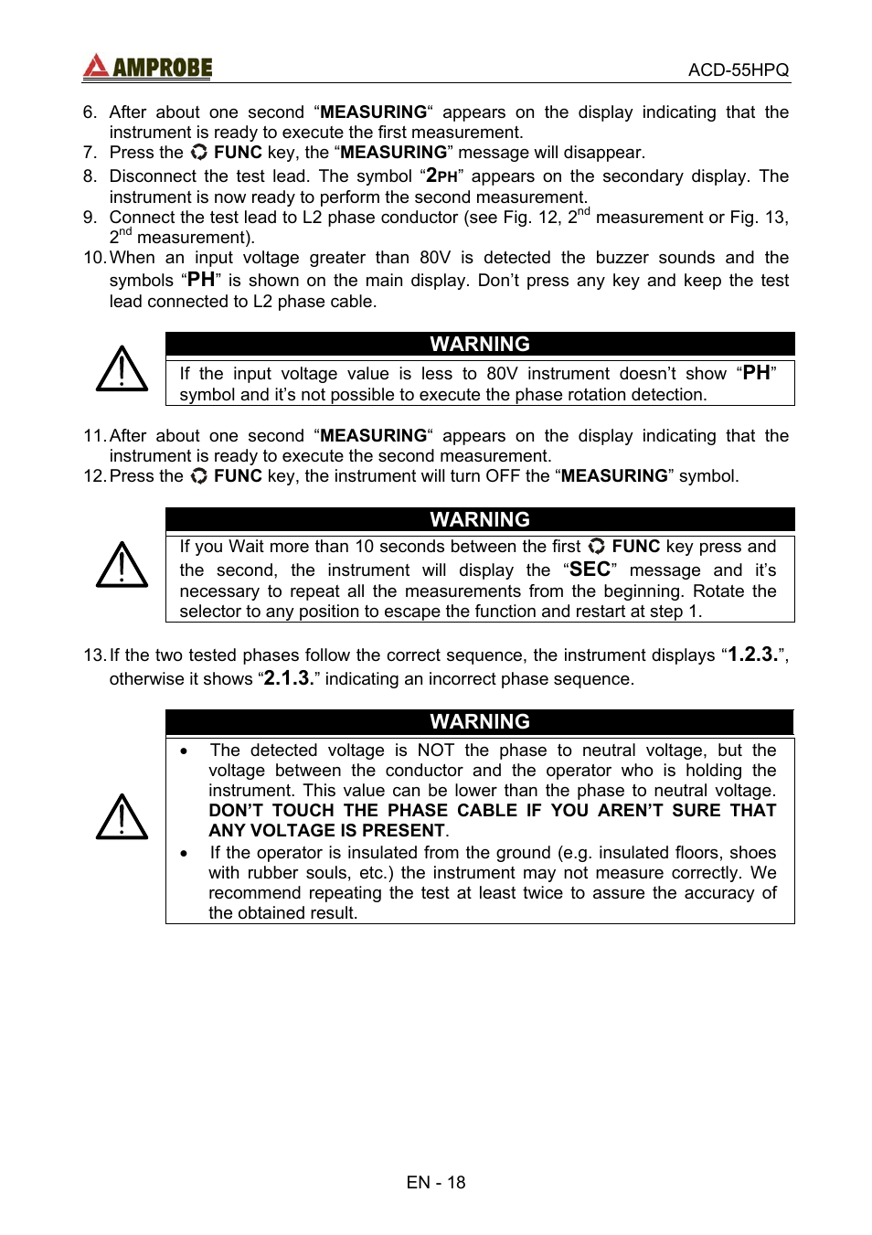 Warning | Amprobe ACD-55HPQ Clamp-Meter User Manual | Page 22 / 62