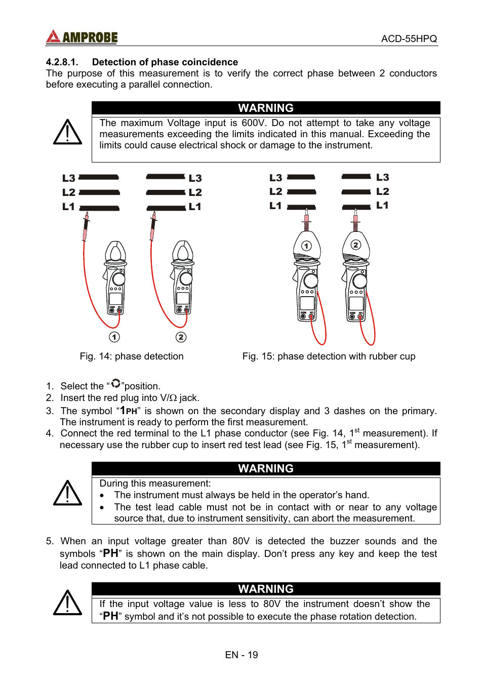 Detection of phase coincidence, Warning | Amprobe ACD-55HPQ Clamp-Meter User Manual | Page 23 / 62