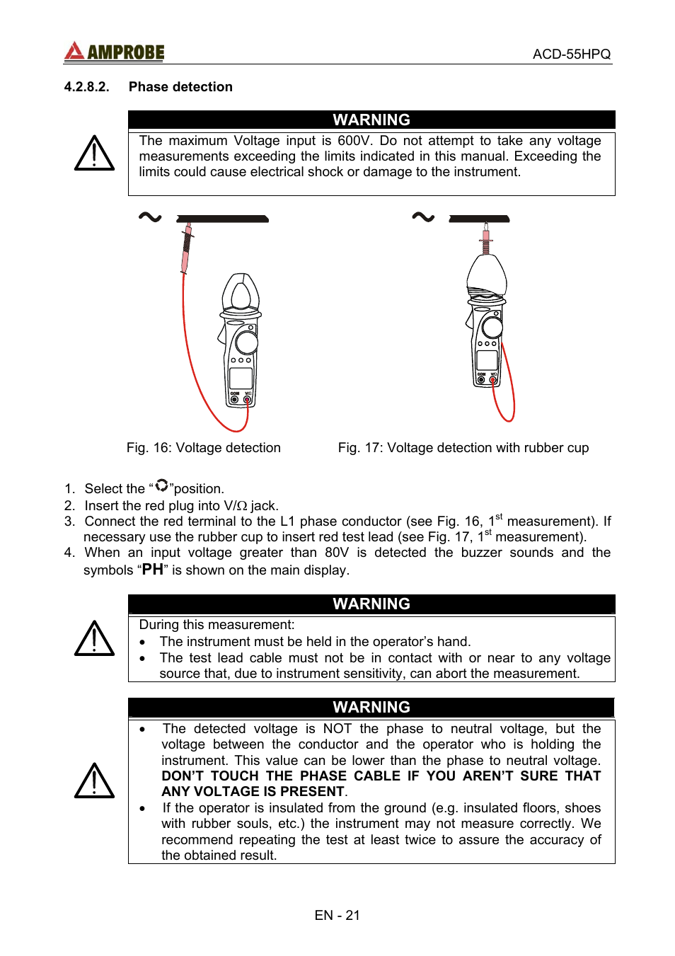 Phase detection, Warning | Amprobe ACD-55HPQ Clamp-Meter User Manual | Page 25 / 62