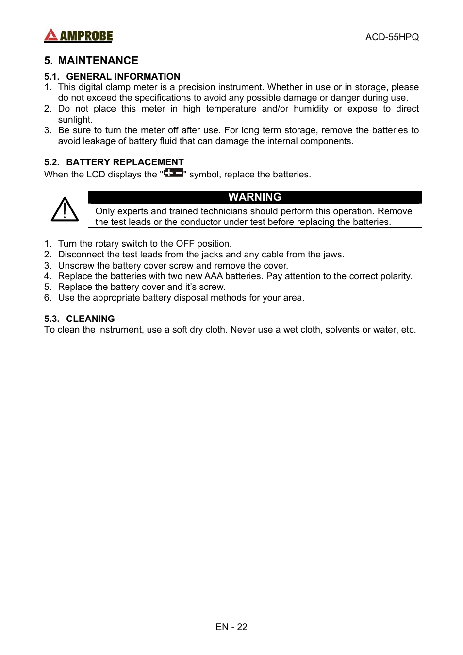 Maintenance, General information, Battery replacement | Cleaning, Warning | Amprobe ACD-55HPQ Clamp-Meter User Manual | Page 26 / 62