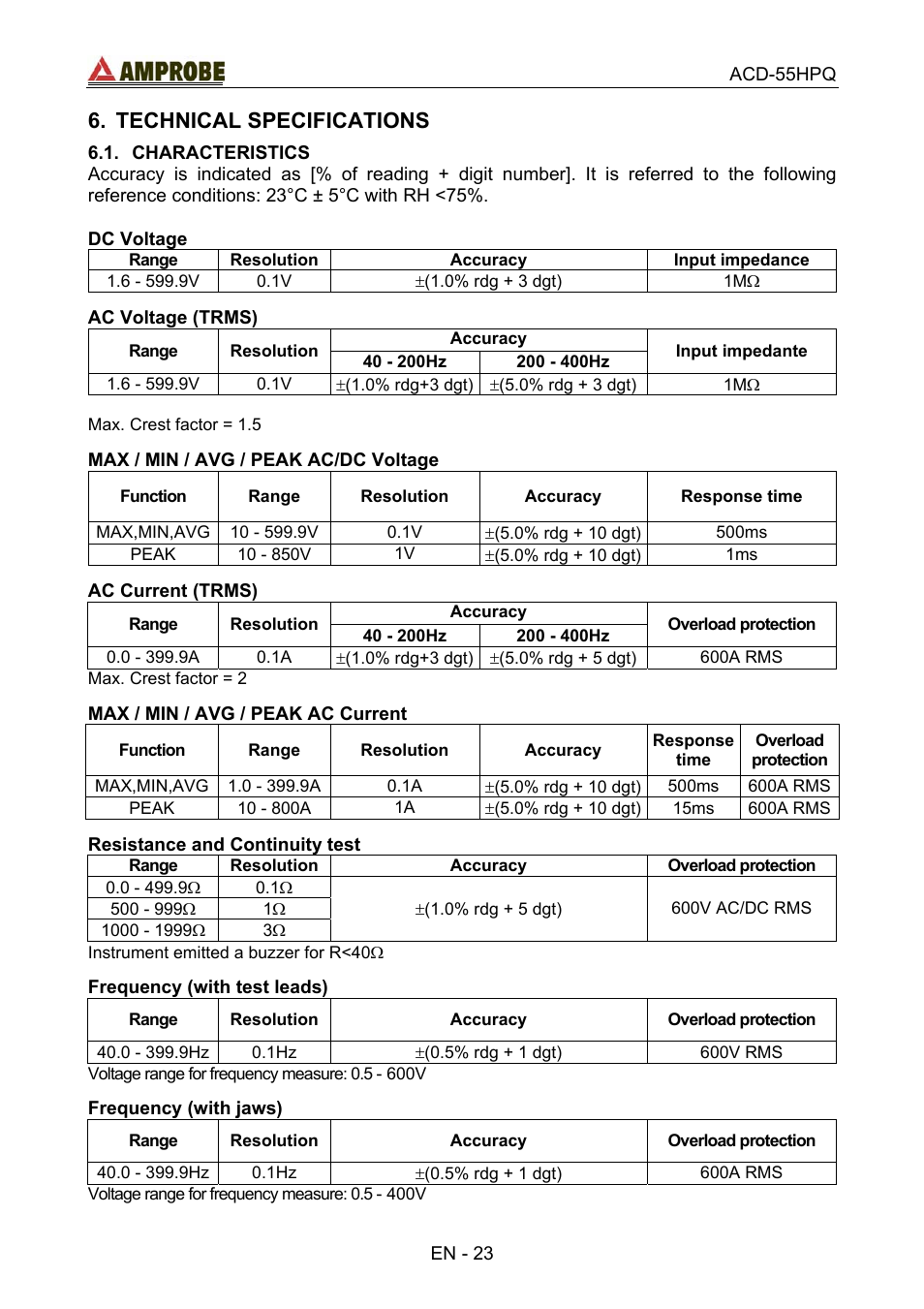 Technical specifications, Characteristics | Amprobe ACD-55HPQ Clamp-Meter User Manual | Page 27 / 62