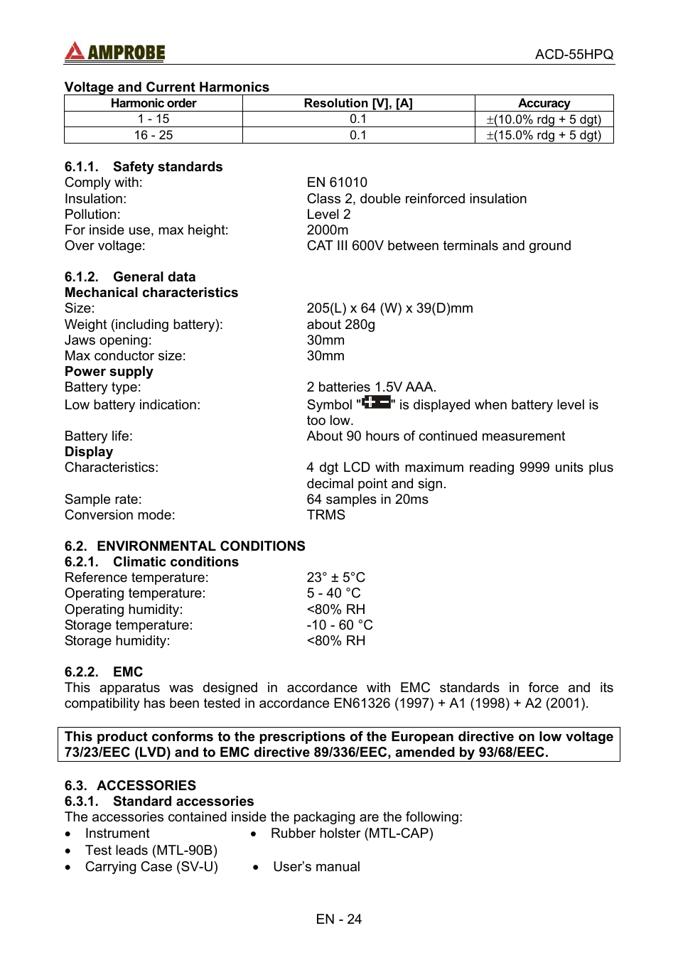 Safety standards, General data, Environmental conditions | Climatic conditions, Accessories, Standard accessories, Safety standards 6.1.2. general data, Climatic conditions 6.2.2. emc | Amprobe ACD-55HPQ Clamp-Meter User Manual | Page 28 / 62
