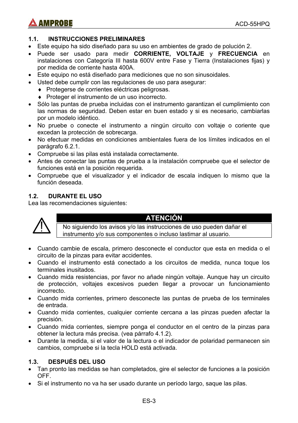 Instrucciones preliminares, Durante el uso, Después del uso | Amprobe ACD-55HPQ Clamp-Meter User Manual | Page 36 / 62