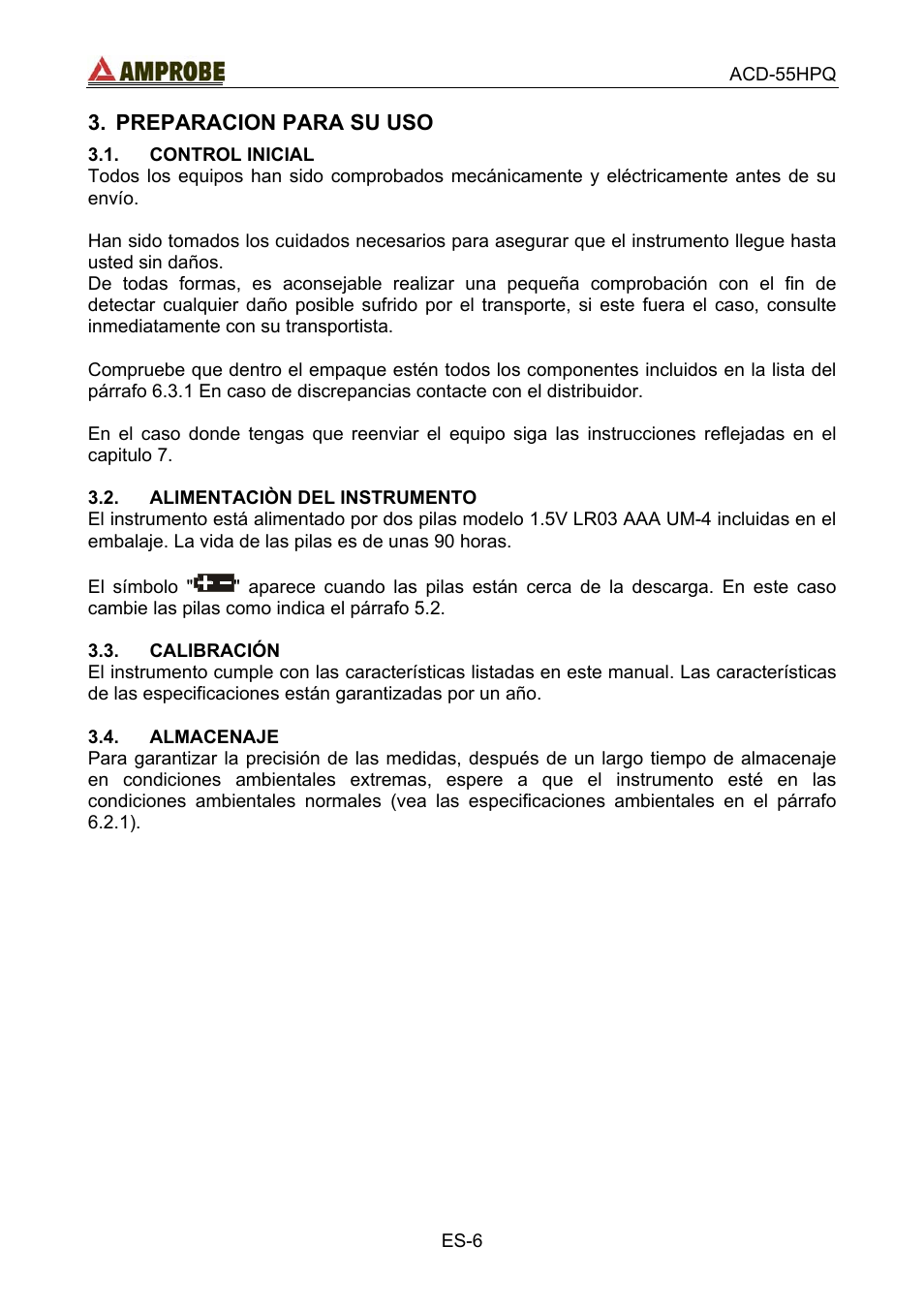 Preparacion para su uso, Control inicial, Alimentaciòn del instrumento | Calibración, Almacenaje | Amprobe ACD-55HPQ Clamp-Meter User Manual | Page 39 / 62