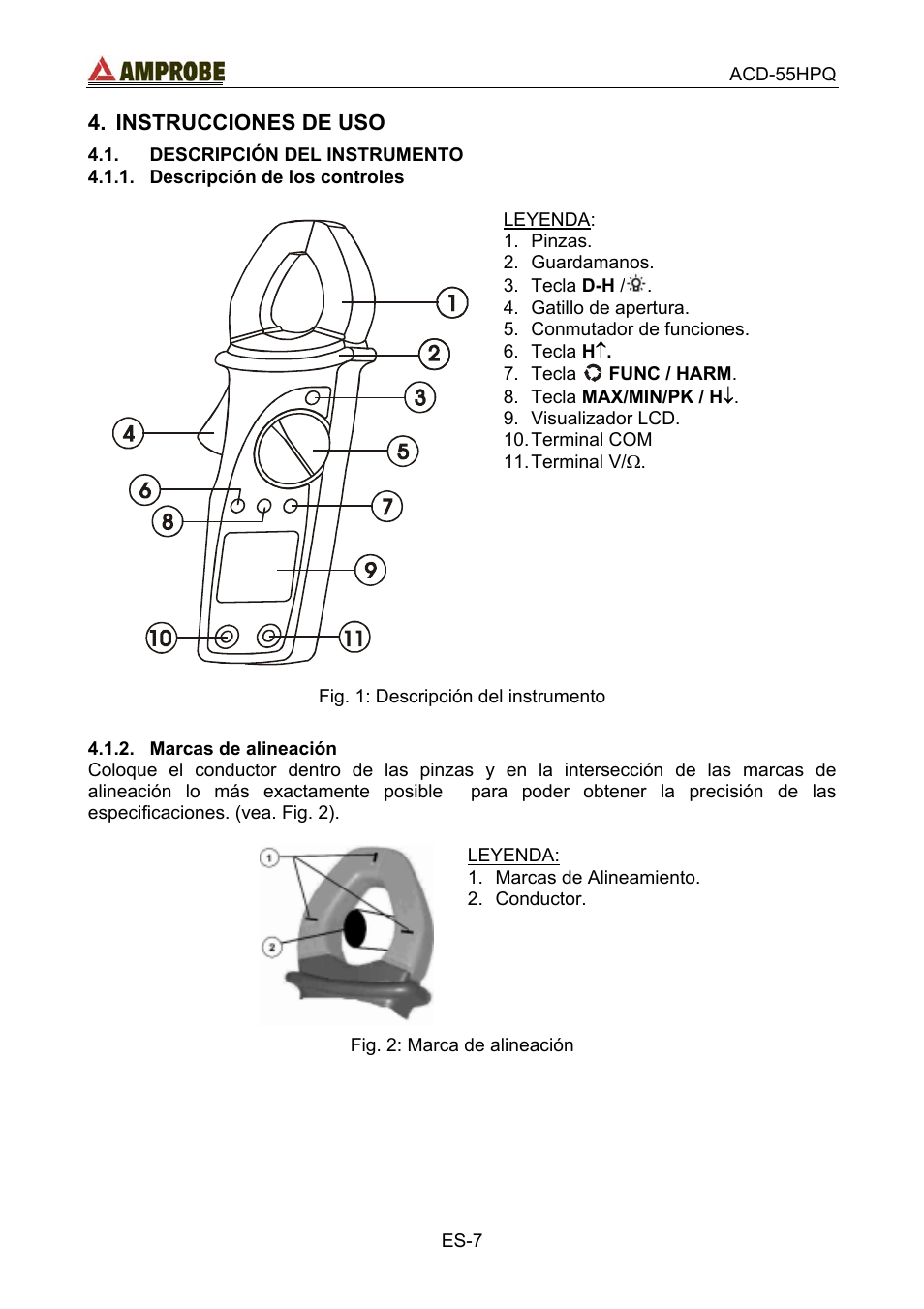 Instrucciones de uso, Descripción del instrumento, Descripción de los controles | Marcas de alineación | Amprobe ACD-55HPQ Clamp-Meter User Manual | Page 40 / 62