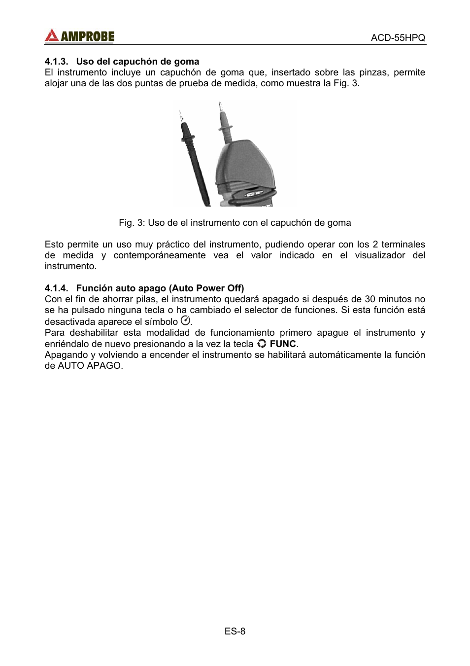 Uso del capuchón de goma, Función auto apago \(auto power off\) | Amprobe ACD-55HPQ Clamp-Meter User Manual | Page 41 / 62