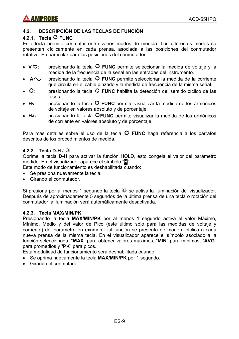 Descripciòn de las teclas de funciòn, Tecla  func, Tecla d-h | Tecla max/min/pk, Tecla, Func | Amprobe ACD-55HPQ Clamp-Meter User Manual | Page 42 / 62