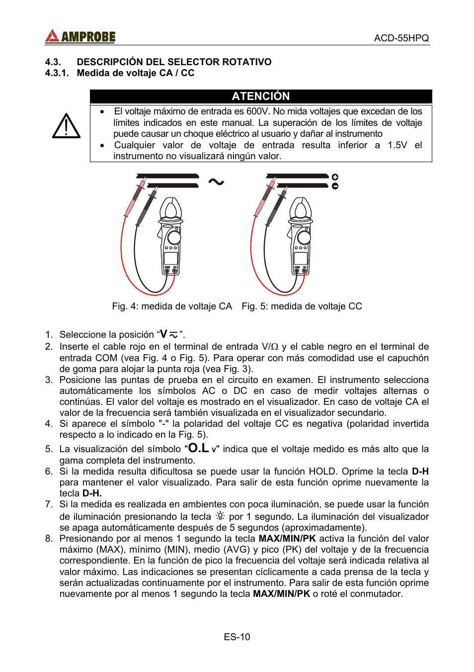 Descripción del selector rotativo, Medida de voltaje ca / cc | Amprobe ACD-55HPQ Clamp-Meter User Manual | Page 43 / 62