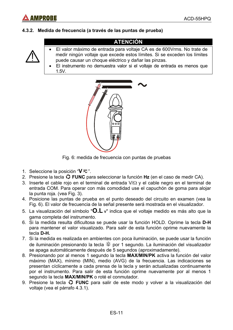 Medida de frecuencia \(a través de las puntas d | Amprobe ACD-55HPQ Clamp-Meter User Manual | Page 44 / 62