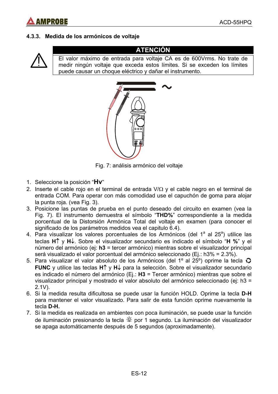 Medida de los armónicos de voltaje, Atención | Amprobe ACD-55HPQ Clamp-Meter User Manual | Page 45 / 62