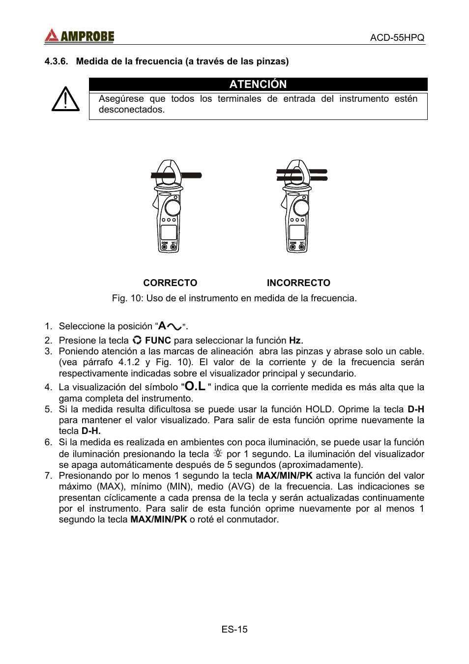 Medida de la frecuencia \(a través de las pinza, Correcto, Incorrecto | Medida de la frecuencia (a través de las pinzas) | Amprobe ACD-55HPQ Clamp-Meter User Manual | Page 48 / 62
