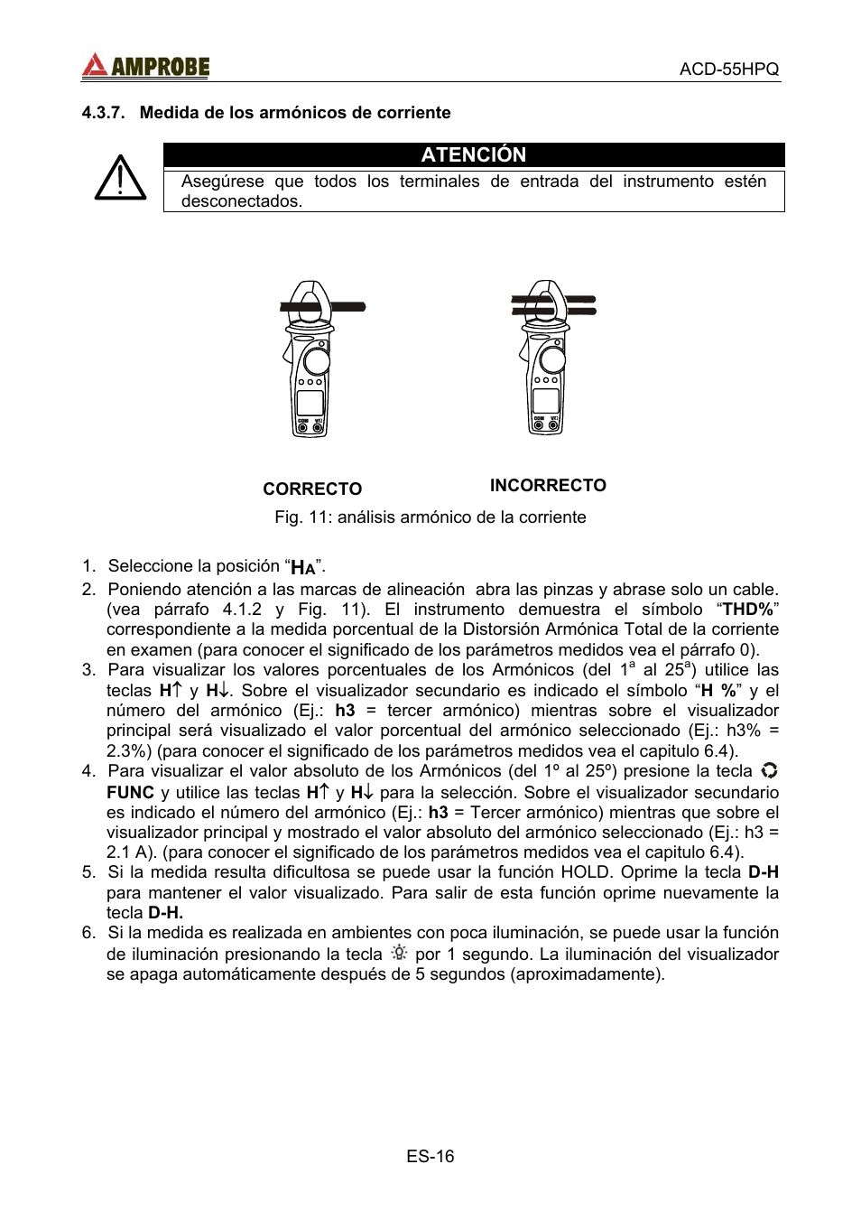 Medida de los armónicos de corriente, Correcto, Incorrecto | Atención | Amprobe ACD-55HPQ Clamp-Meter User Manual | Page 49 / 62