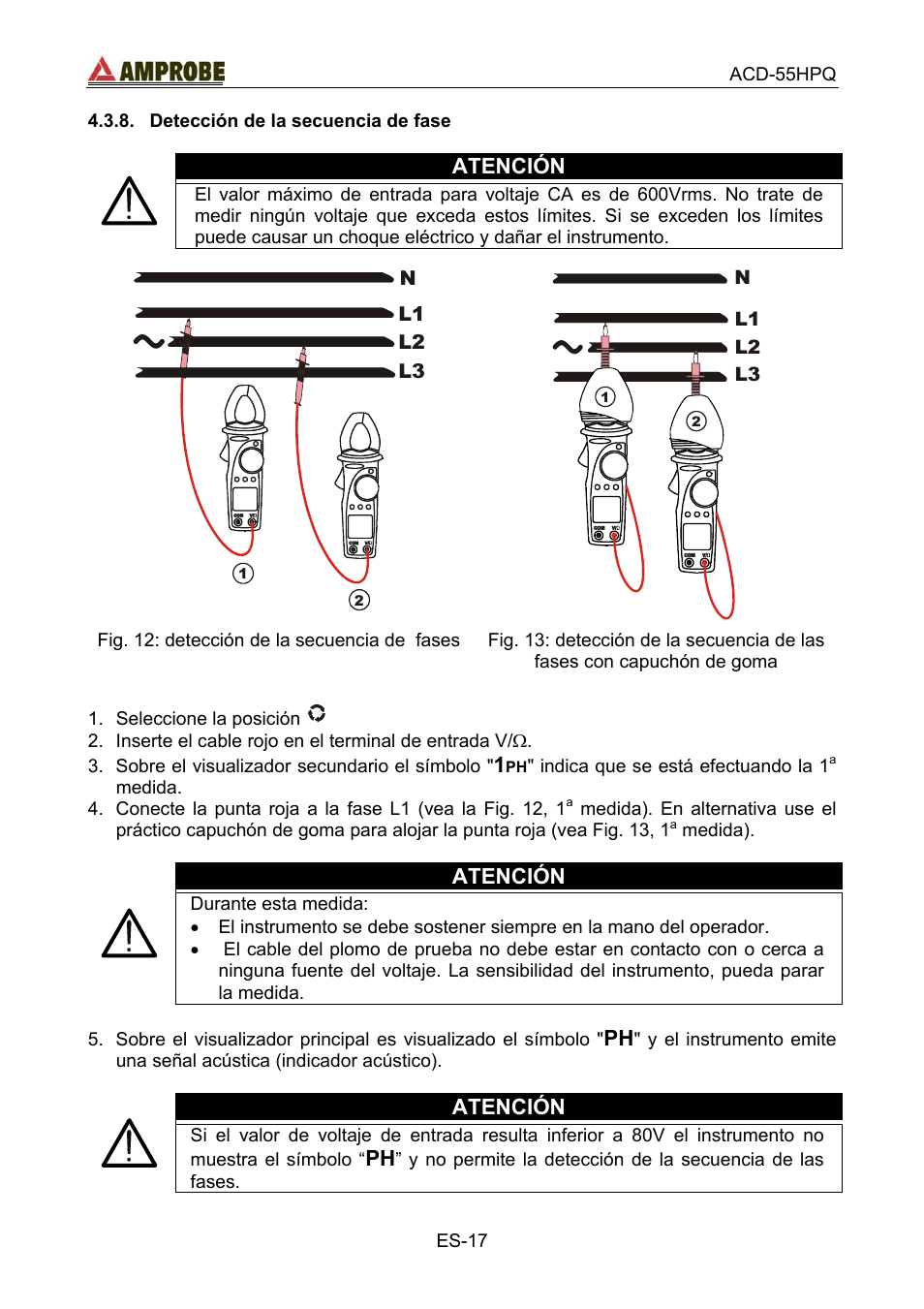 Detección de la secuencia de fase, Atención | Amprobe ACD-55HPQ Clamp-Meter User Manual | Page 50 / 62