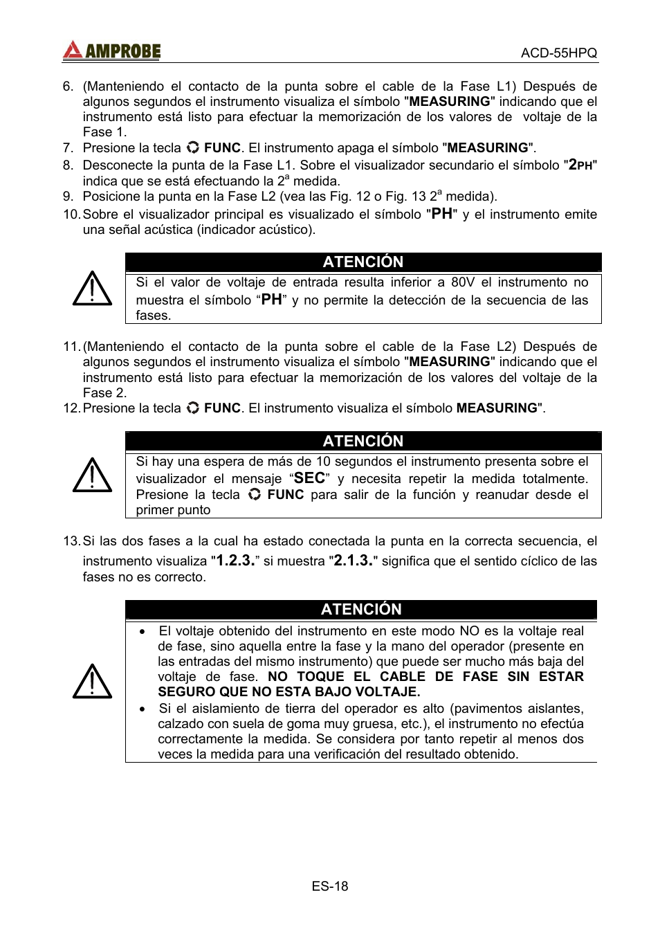 Atención | Amprobe ACD-55HPQ Clamp-Meter User Manual | Page 51 / 62