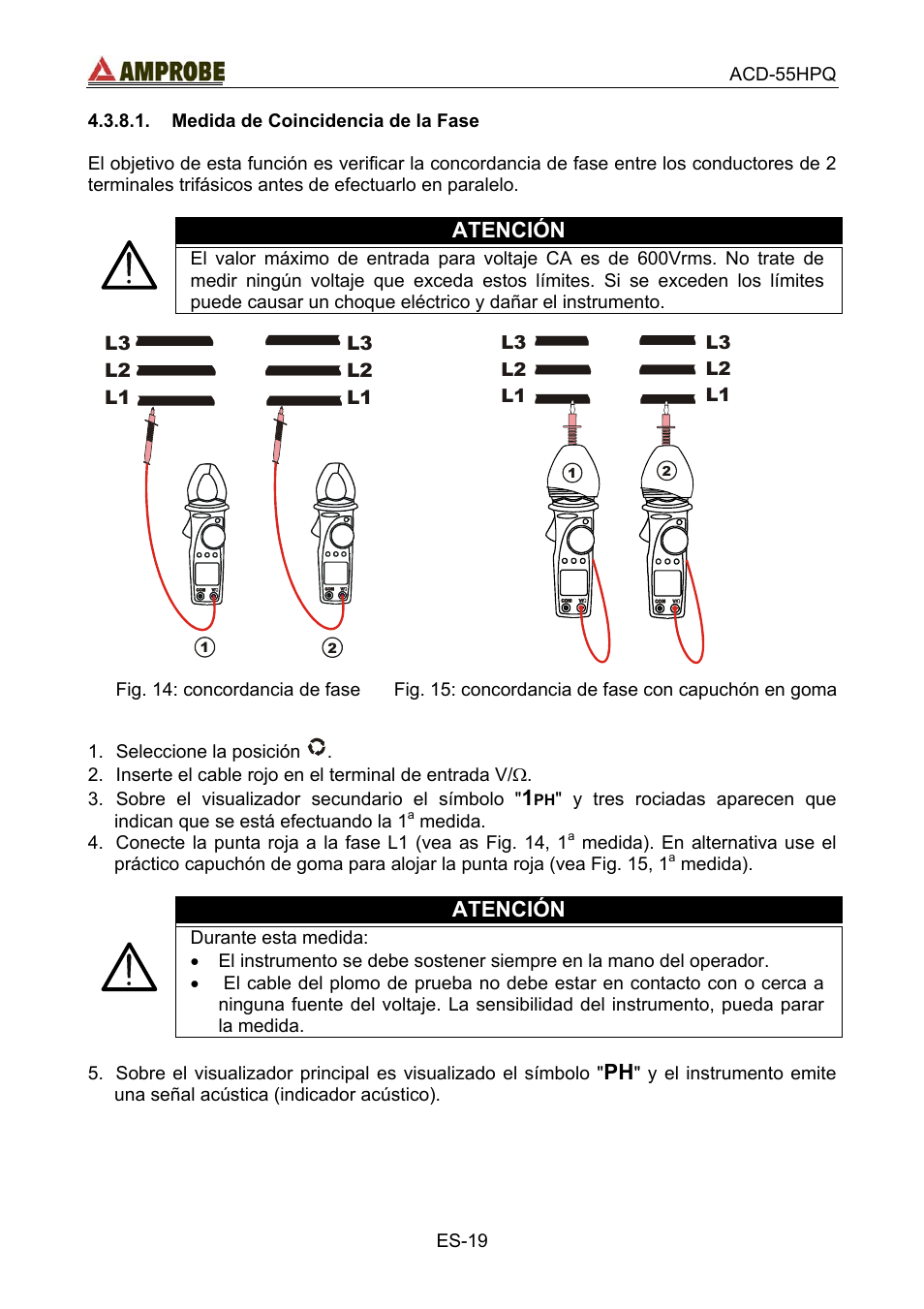 Medida de coincidencia de la fase, Atención | Amprobe ACD-55HPQ Clamp-Meter User Manual | Page 52 / 62