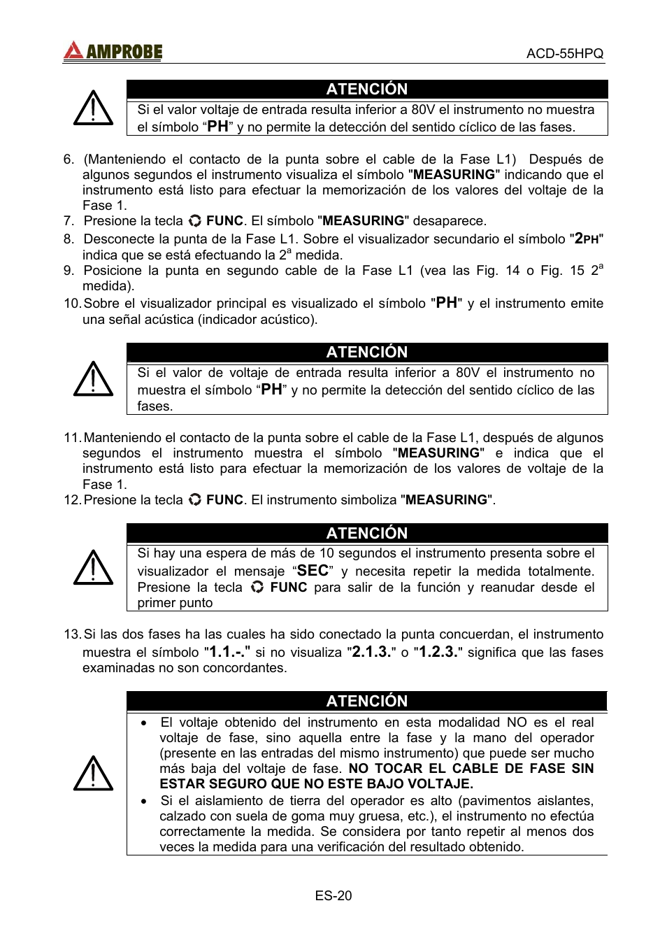 Atención | Amprobe ACD-55HPQ Clamp-Meter User Manual | Page 53 / 62