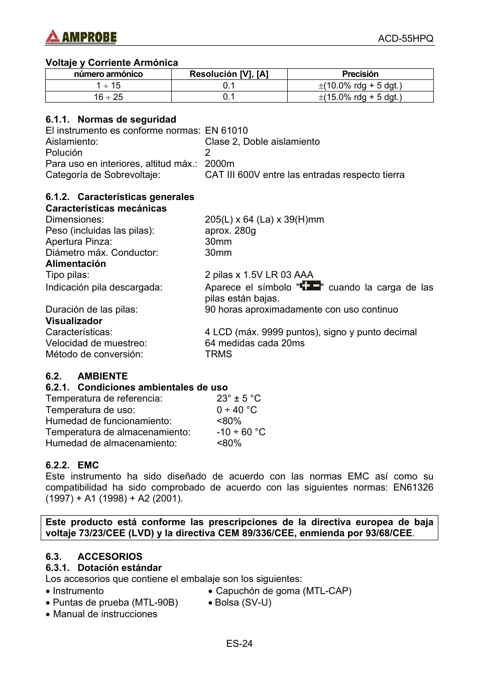 Normas de seguridad, Características generales, Ambiente | Condiciones ambientales de uso, Accesorios, Dotación estándar, Condiciones ambientales de uso 6.2.2. emc, Párrafo 6.3.1 en caso de discrepancia | Amprobe ACD-55HPQ Clamp-Meter User Manual | Page 57 / 62