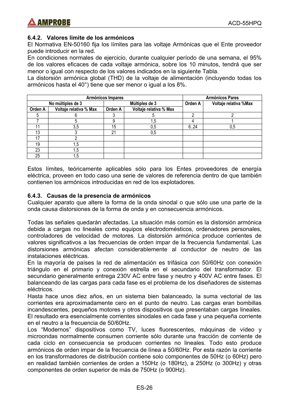 Valores limite de los armónicos, Orden a, Causas de la presencia de armónicos | Amprobe ACD-55HPQ Clamp-Meter User Manual | Page 59 / 62