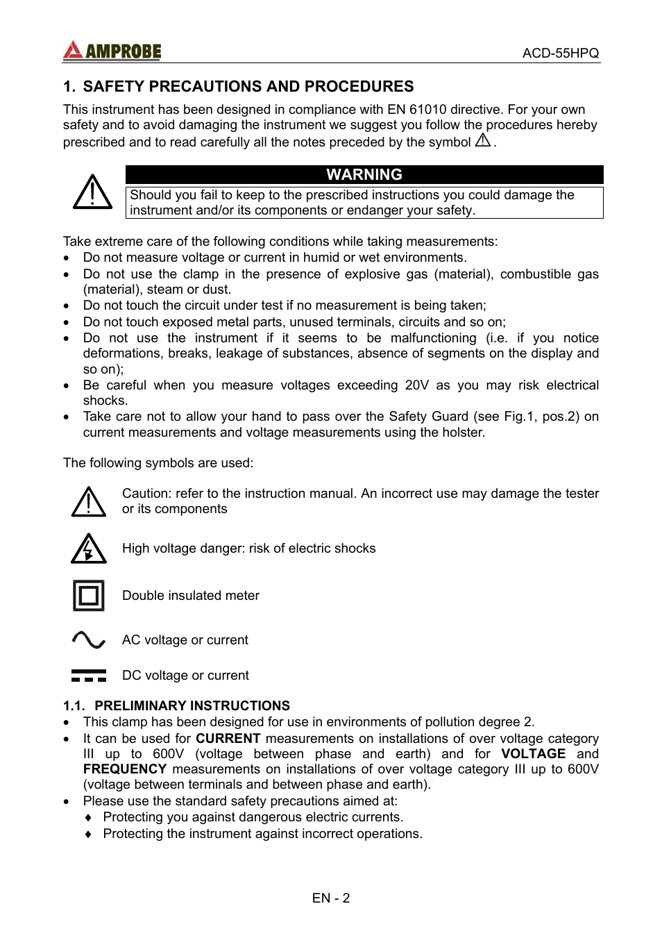 Safety precautions and procedures, Preliminary instructions, Warning | Amprobe ACD-55HPQ Clamp-Meter User Manual | Page 6 / 62