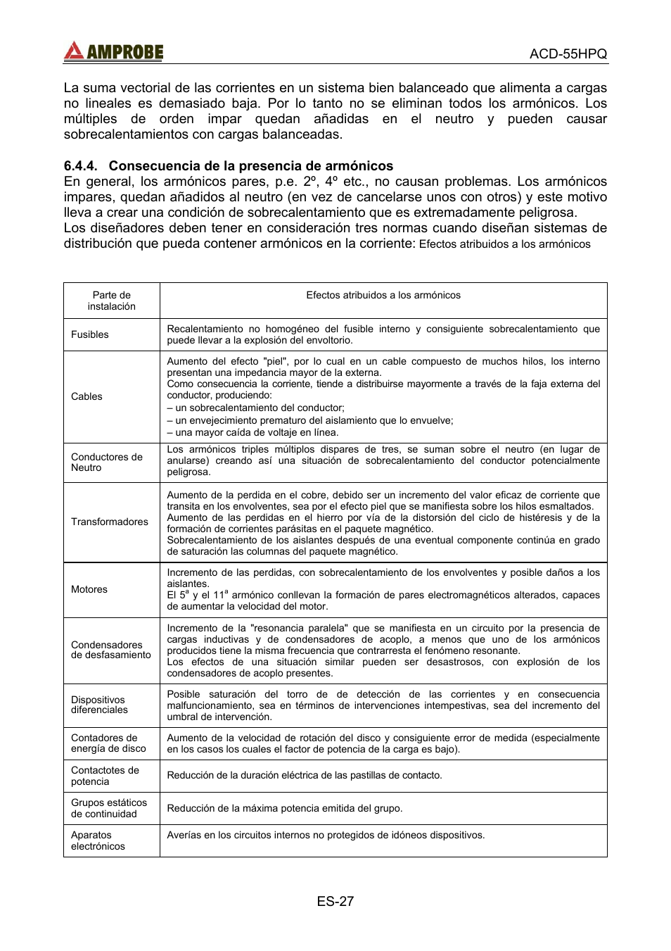 Consecuencia de la presencia de armónicos, Acd-55hpq, Es-27 | Amprobe ACD-55HPQ Clamp-Meter User Manual | Page 60 / 62
