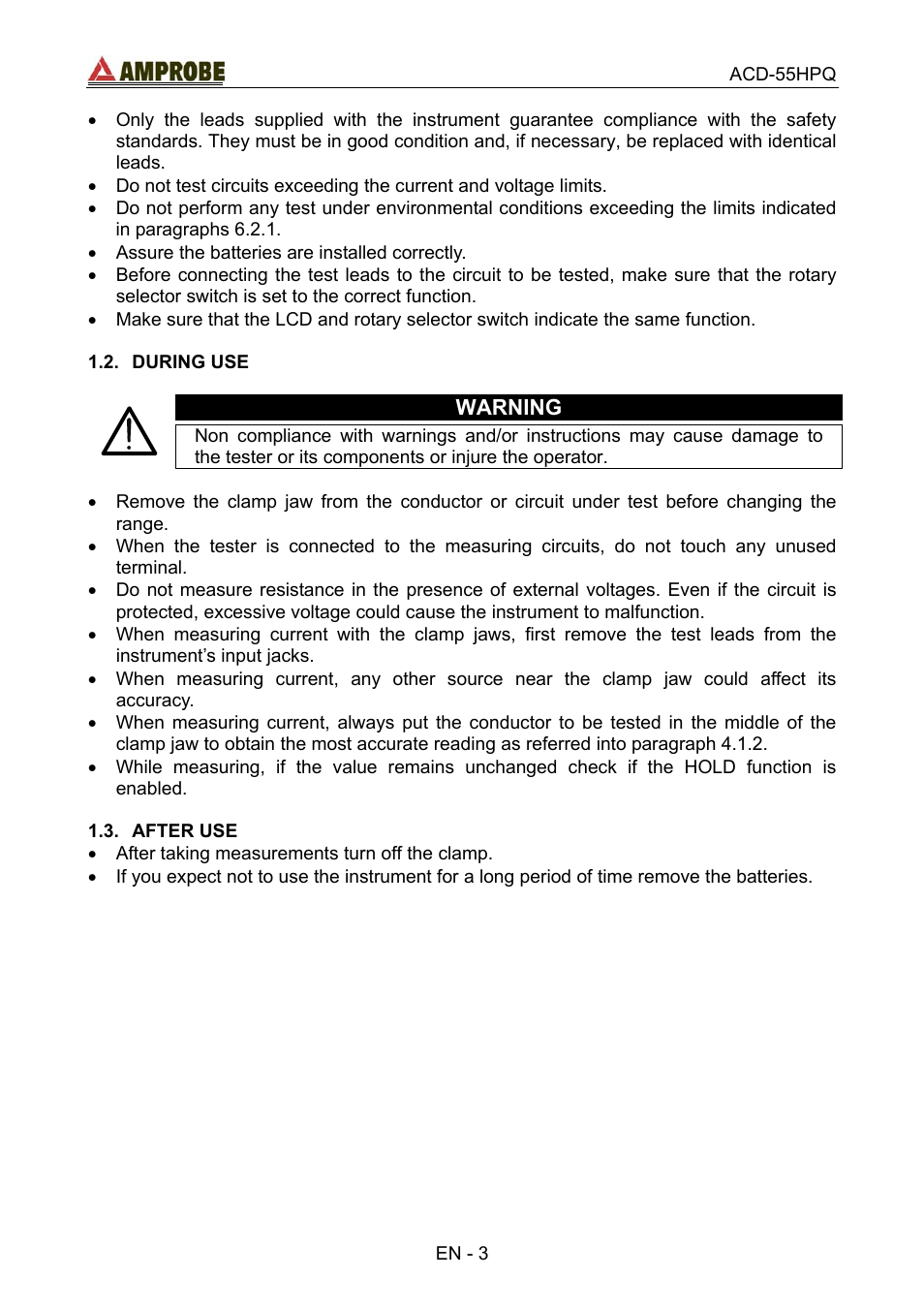 During use, After use, Warning | Amprobe ACD-55HPQ Clamp-Meter User Manual | Page 7 / 62