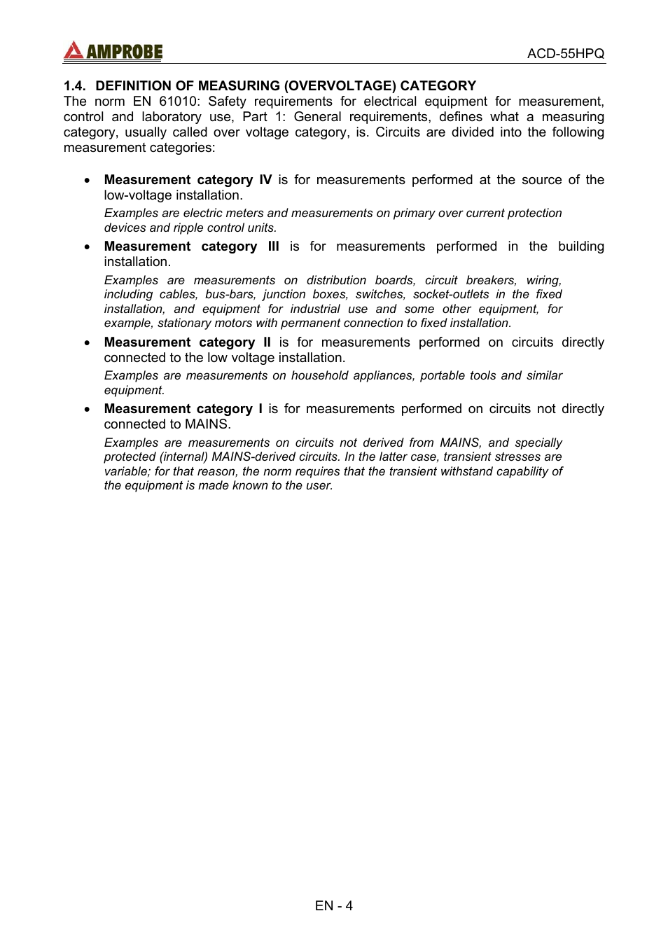 Definition of measuring (overvoltage) category | Amprobe ACD-55HPQ Clamp-Meter User Manual | Page 8 / 62