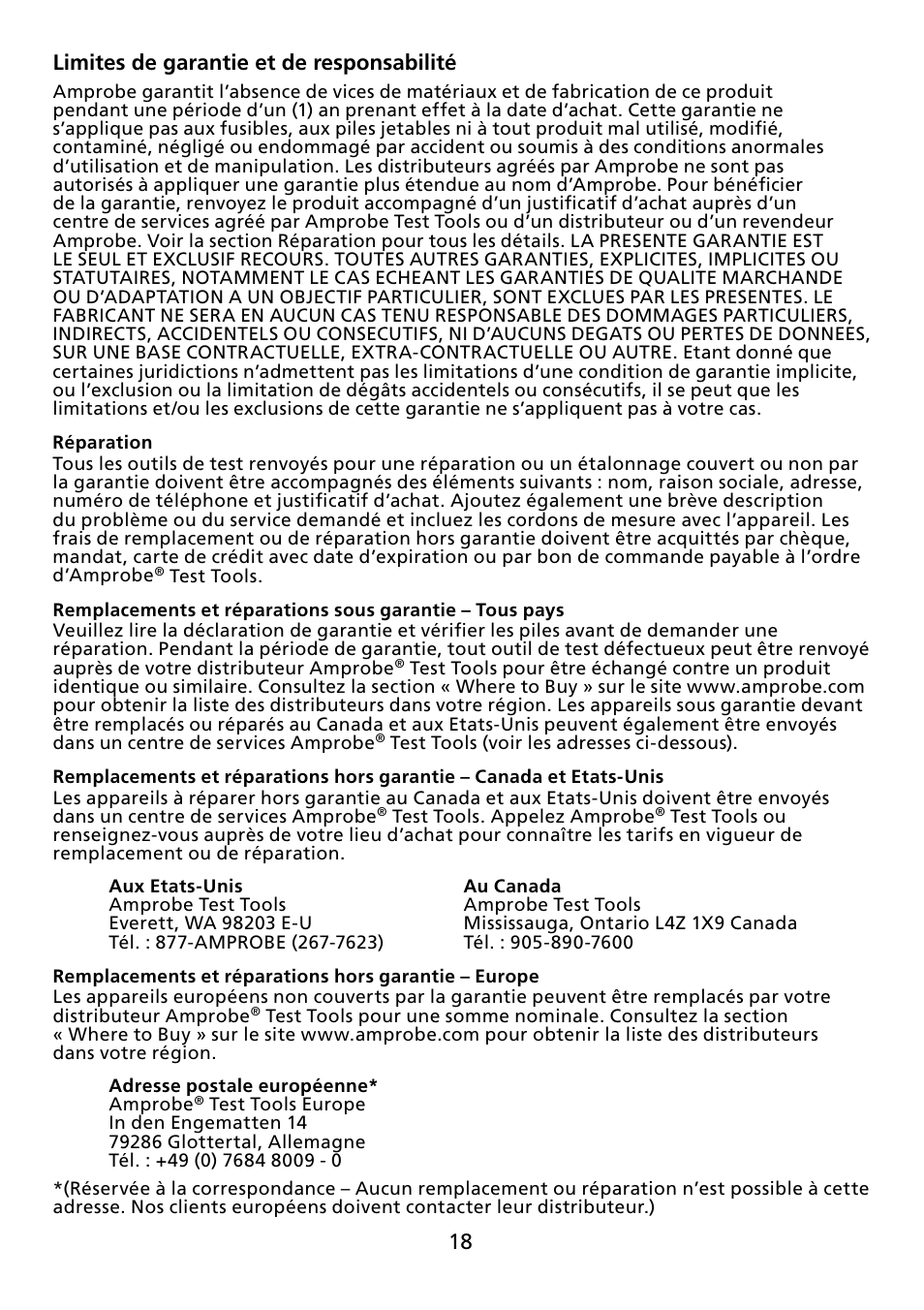 18 limites de garantie et de responsabilité | Amprobe ACDC-100 Clamp-On-Multimeters User Manual | Page 19 / 97