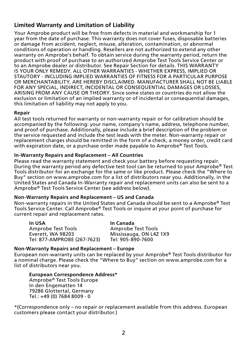 2limited warranty and limitation of liability | Amprobe ACDC-100 Clamp-On-Multimeters User Manual | Page 3 / 97