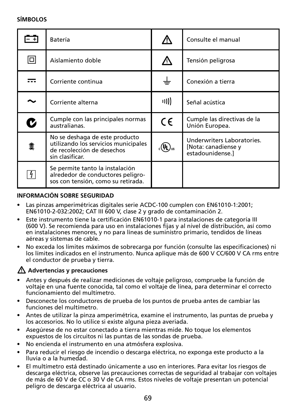 Amprobe ACDC-100 Clamp-On-Multimeters User Manual | Page 70 / 97