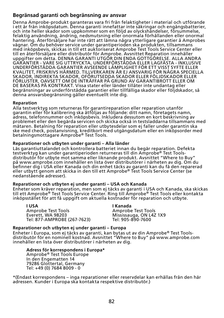 82 begränsad garanti och begränsning av ansvar | Amprobe ACDC-100 Clamp-On-Multimeters User Manual | Page 83 / 97