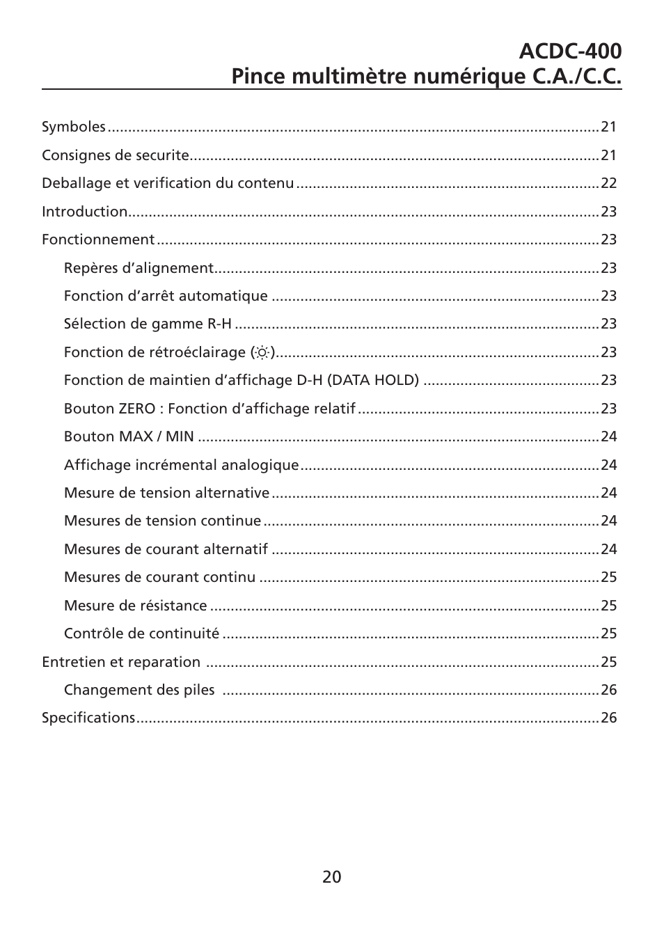 Acdc-400 pince multimètre numérique c.a./c.c | Amprobe ACDC-400 Digital-Clamp-On-Multimeter User Manual | Page 21 / 98