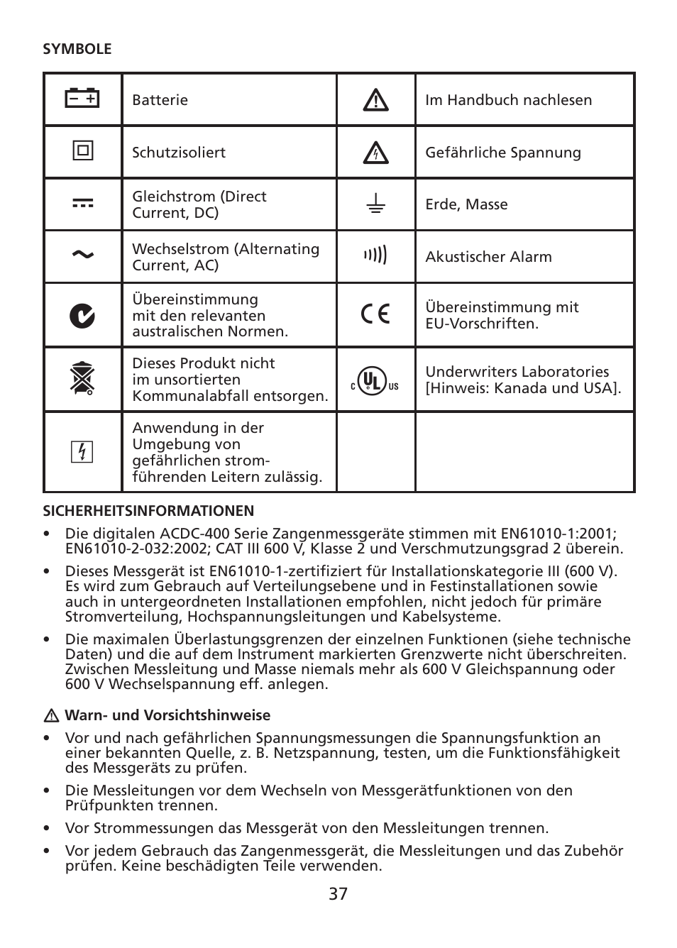 Amprobe ACDC-400 Digital-Clamp-On-Multimeter User Manual | Page 38 / 98