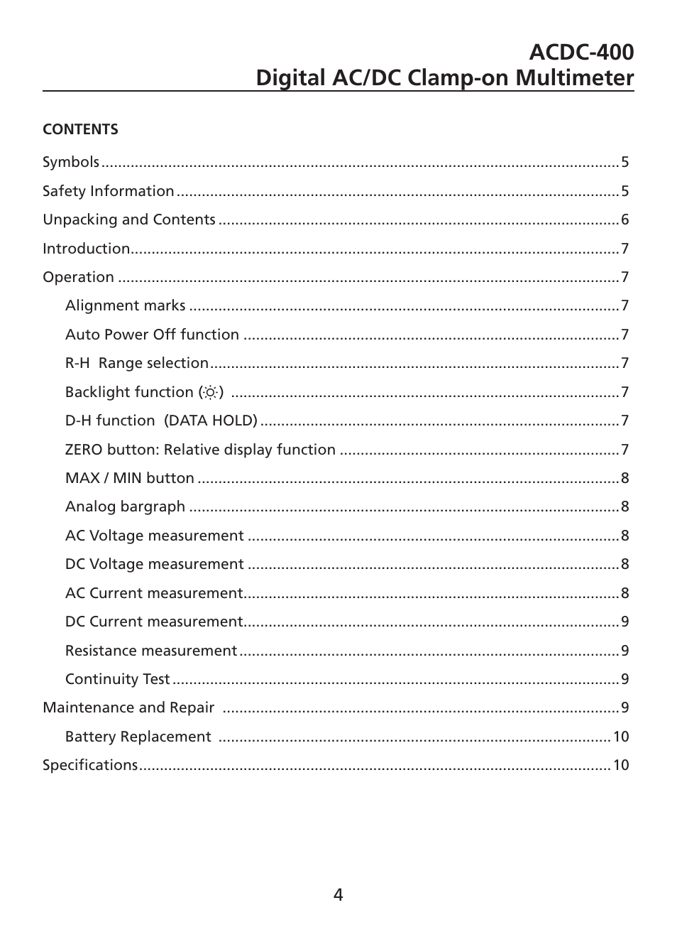 Acdc-400 digital ac/dc clamp-on multimeter | Amprobe ACDC-400 Digital-Clamp-On-Multimeter User Manual | Page 5 / 98