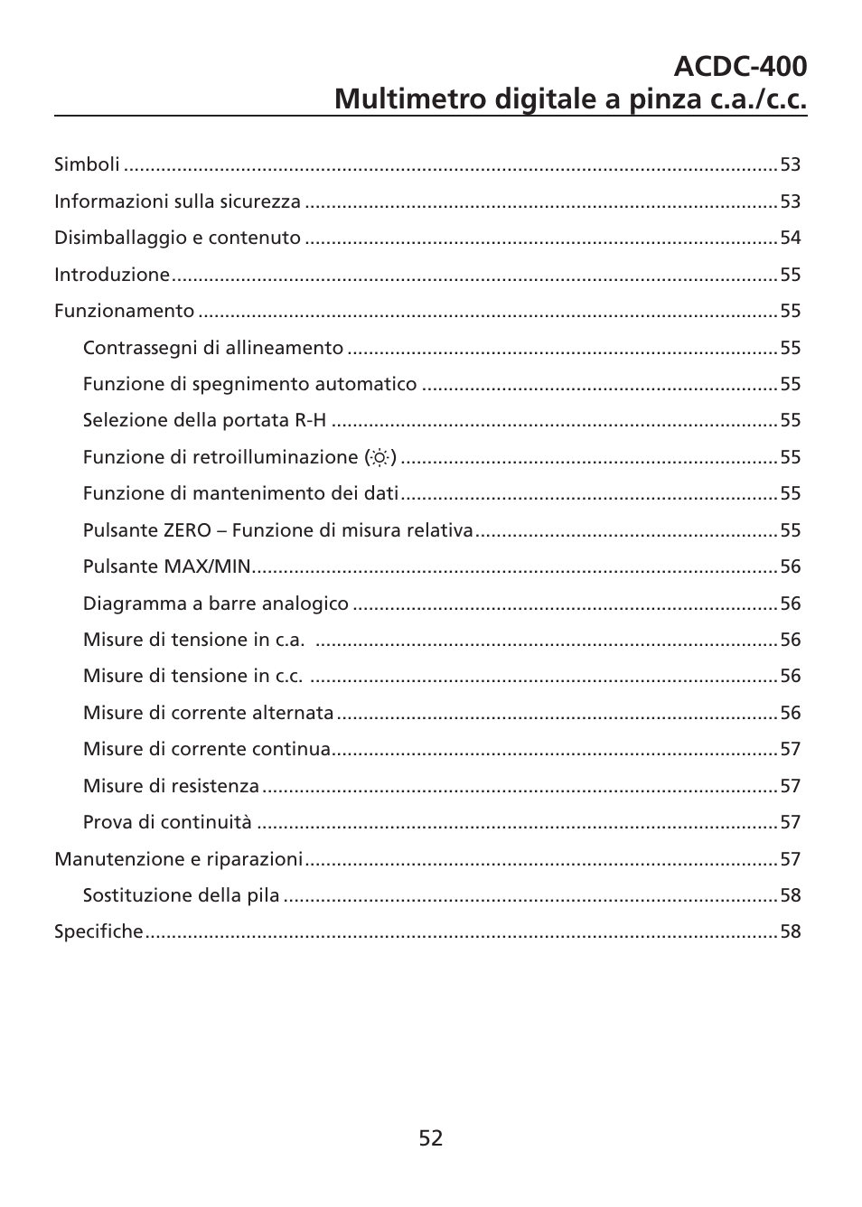 Acdc-400 multimetro digitale a pinza c.a./c.c | Amprobe ACDC-400 Digital-Clamp-On-Multimeter User Manual | Page 53 / 98