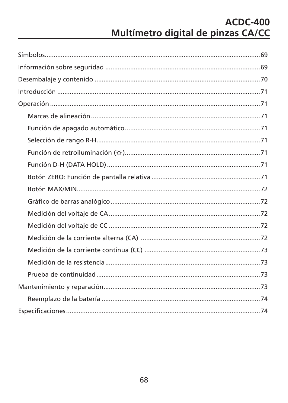 Acdc-400 multímetro digital de pinzas ca/cc | Amprobe ACDC-400 Digital-Clamp-On-Multimeter User Manual | Page 69 / 98