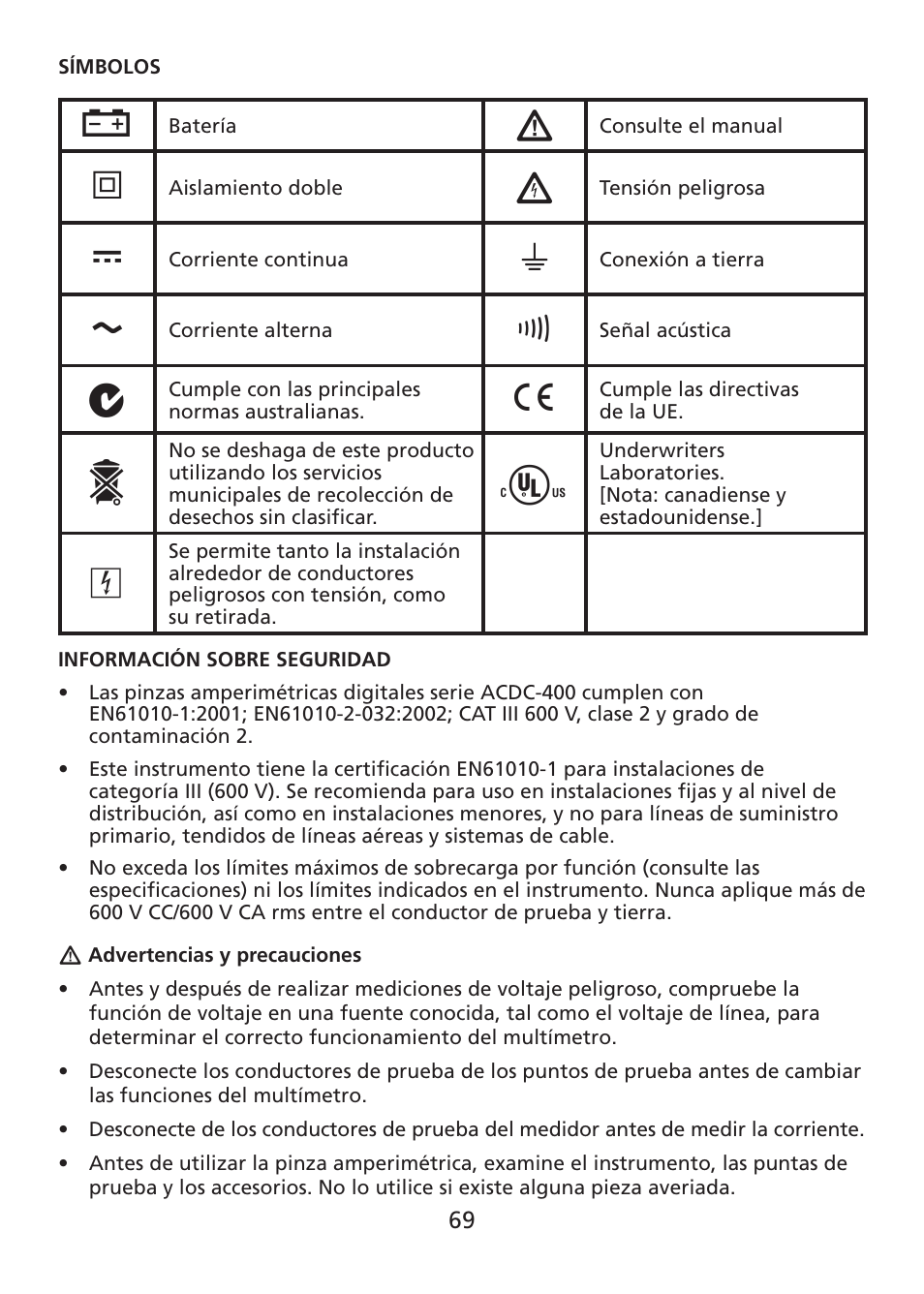 Amprobe ACDC-400 Digital-Clamp-On-Multimeter User Manual | Page 70 / 98