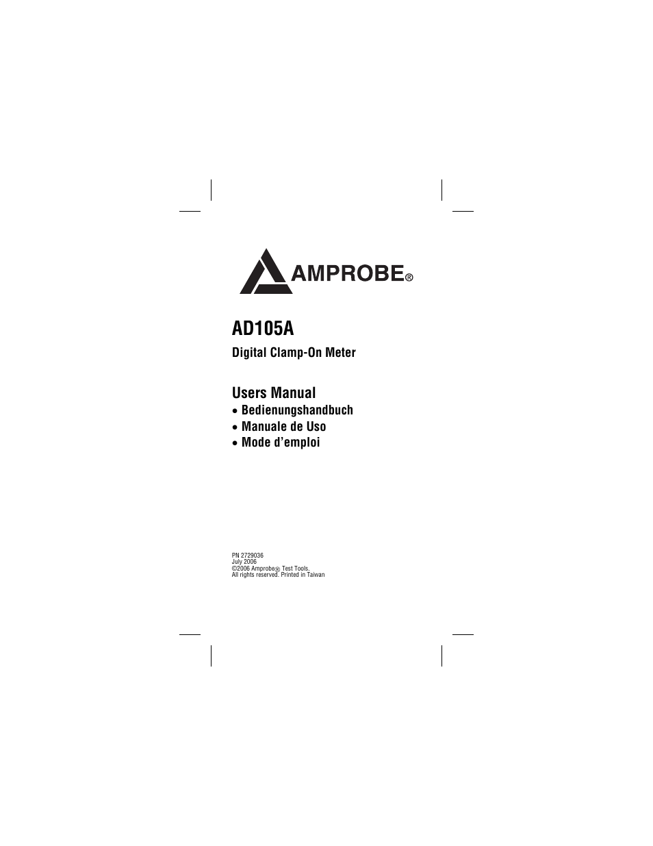 English, Ad105a, Users manual | Digital clamp-on meter | Amprobe AD105A Clamp-Meter User Manual | Page 2 / 34