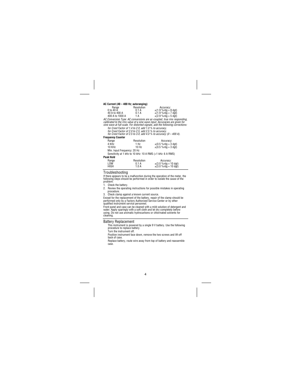 Troubleshooting, Battery replacement | Amprobe AD105A Clamp-Meter User Manual | Page 7 / 34