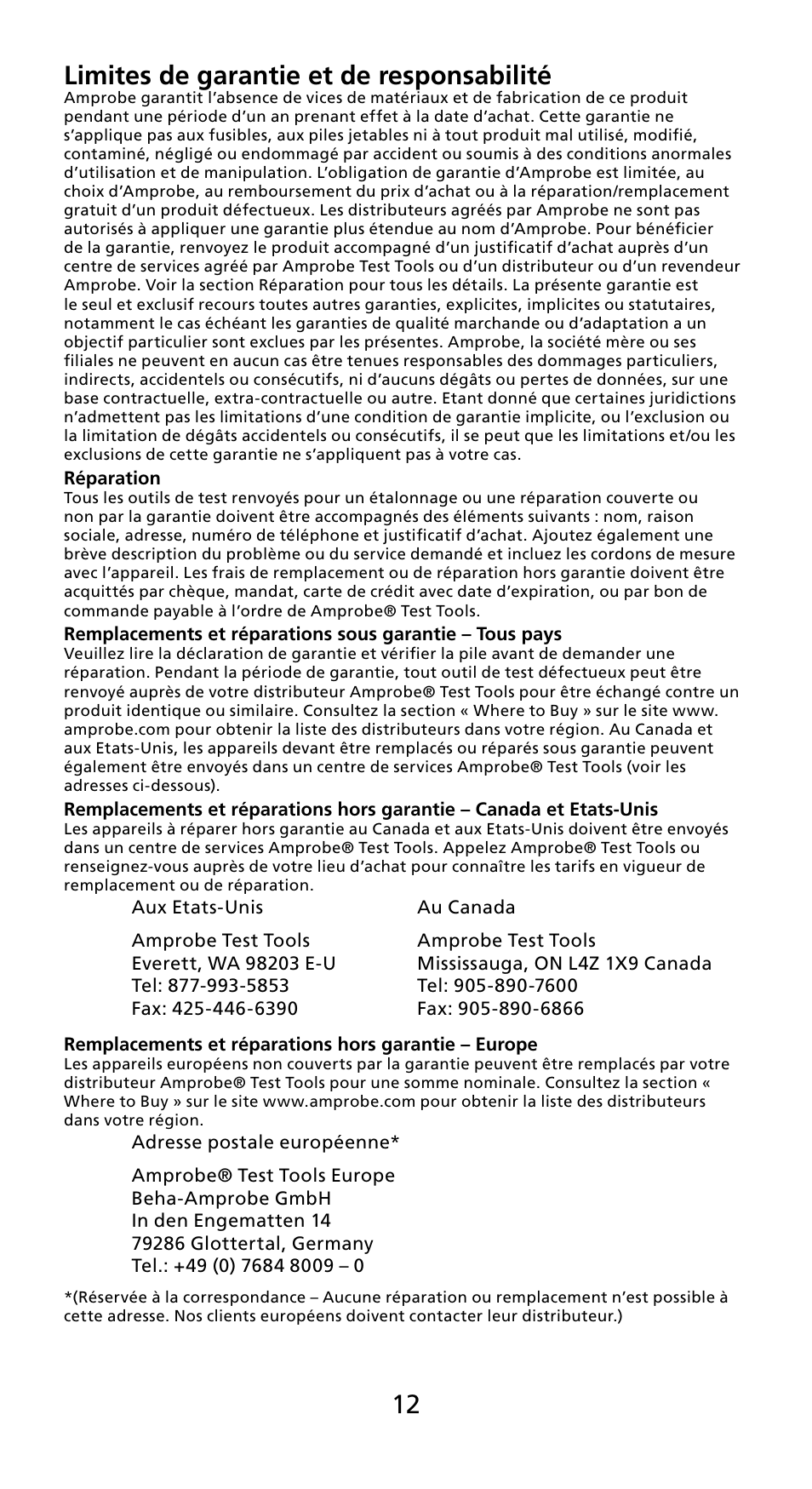 12 limites de garantie et de responsabilité | Amprobe AD40B AC40B Mini-Clamp-Meters User Manual | Page 14 / 46