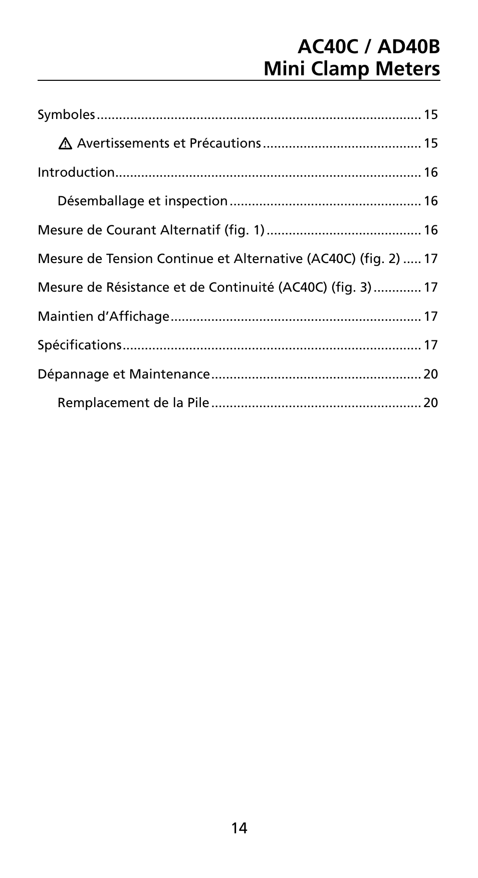 Ac40c / ad40b mini clamp meters | Amprobe AD40B AC40B Mini-Clamp-Meters User Manual | Page 16 / 46