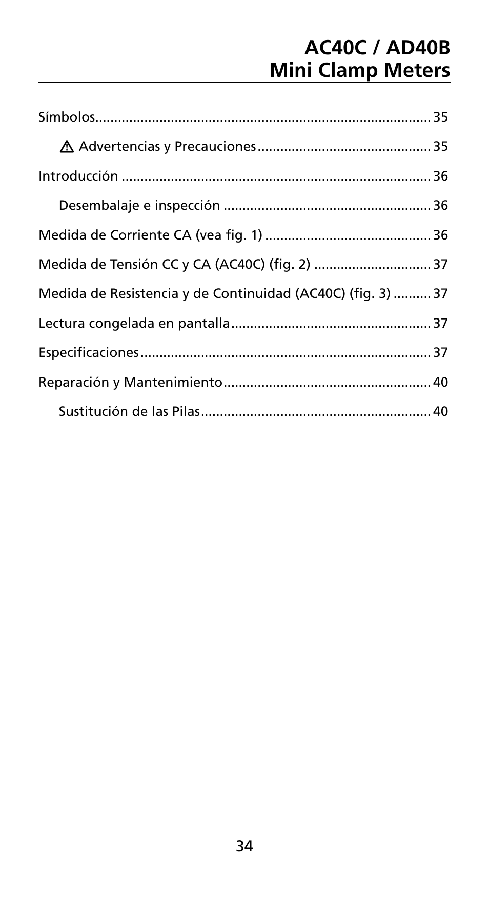 Ac40c / ad40b mini clamp meters | Amprobe AD40B AC40B Mini-Clamp-Meters User Manual | Page 36 / 46