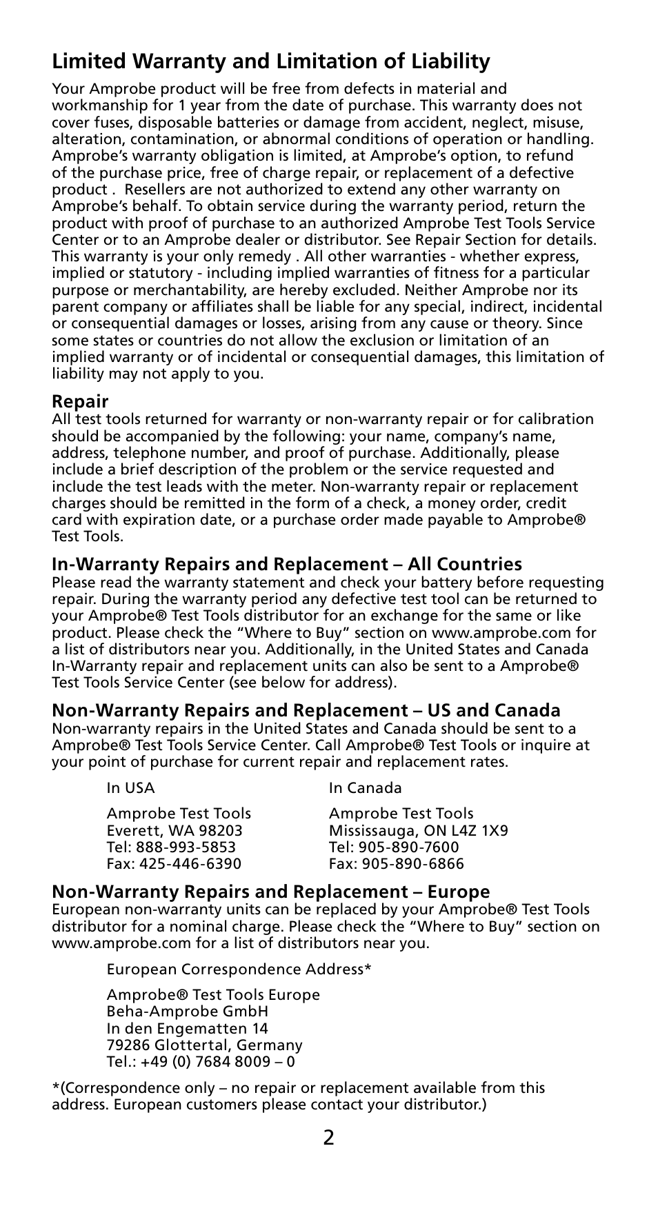 2limited warranty and limitation of liability | Amprobe AD40B AC40B Mini-Clamp-Meters User Manual | Page 4 / 46