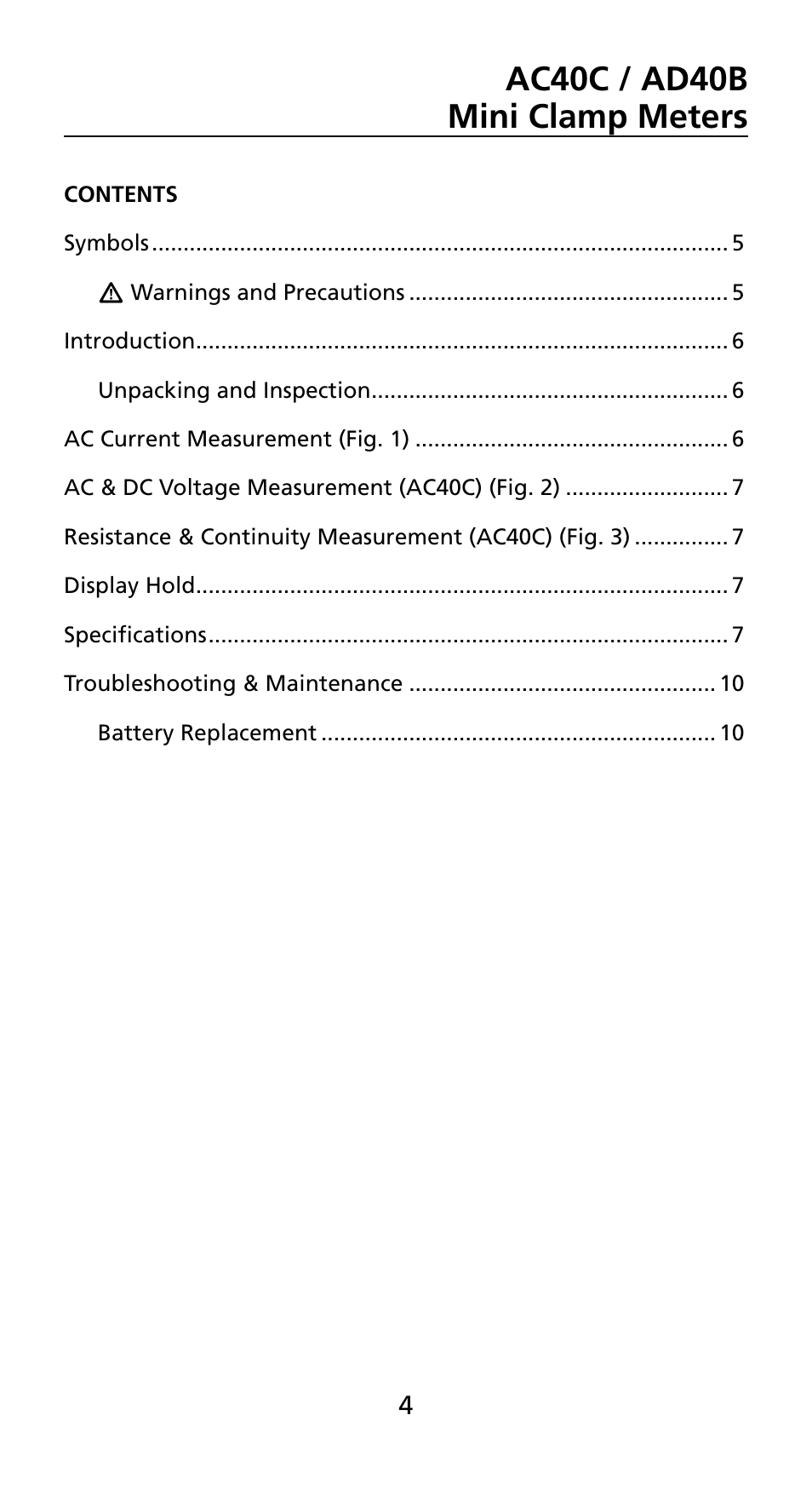 Ac40c / ad40b mini clamp meters | Amprobe AD40B AC40B Mini-Clamp-Meters User Manual | Page 6 / 46