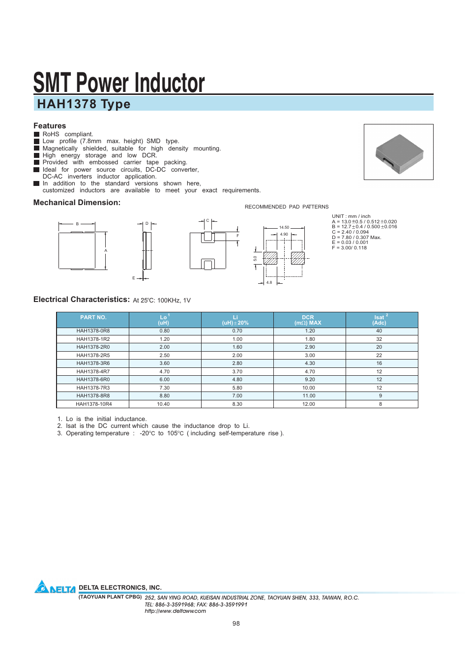Delta Electronics SMT Power Inductor HAH1378 User Manual | 1 page