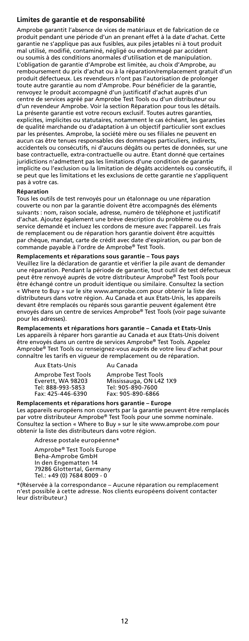 12 limites de garantie et de responsabilité | Amprobe RS-1007-PRO Analog-Clamp-Meter-Series User Manual | Page 14 / 64